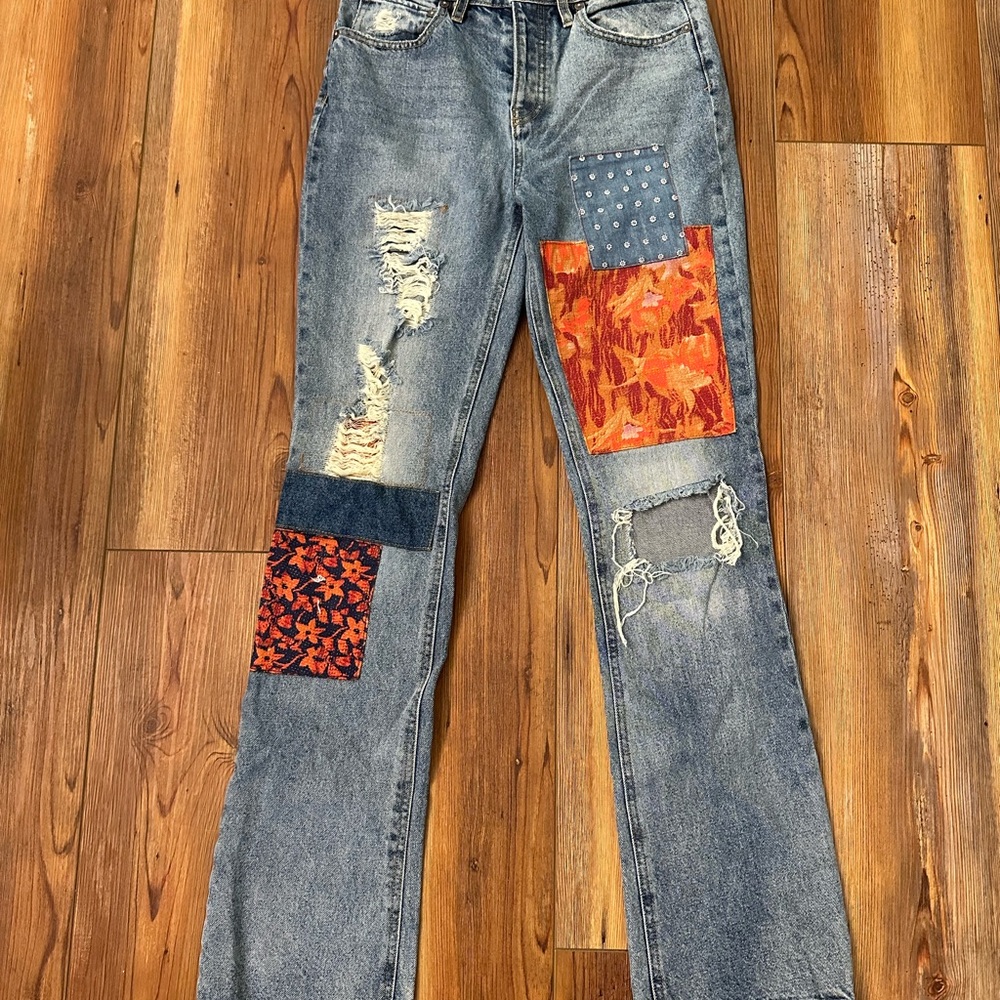 We The Free Blue Patchwork Straight Leg Jeans